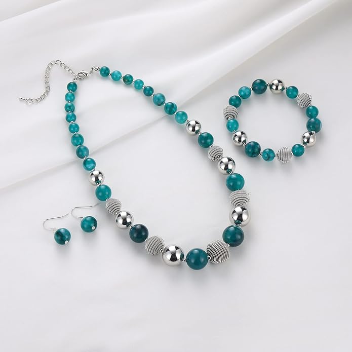 PEARL&CLUB Beaded Chunky Statement Necklace Earring and Bracelet Set Silver Metal Bead Fashion Jewelry Set Mothers’ Day Gifts for Women