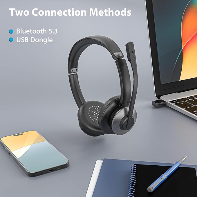 Wireless Headset with Mic for Work, Wireless Headphones with Mic (AI Noise Cancellation) & USB Dongle, 26+ Hrs Working Time, Bluetooth Headset with Mute for PC/Laptop/Office/Call Center/Zoom/Home