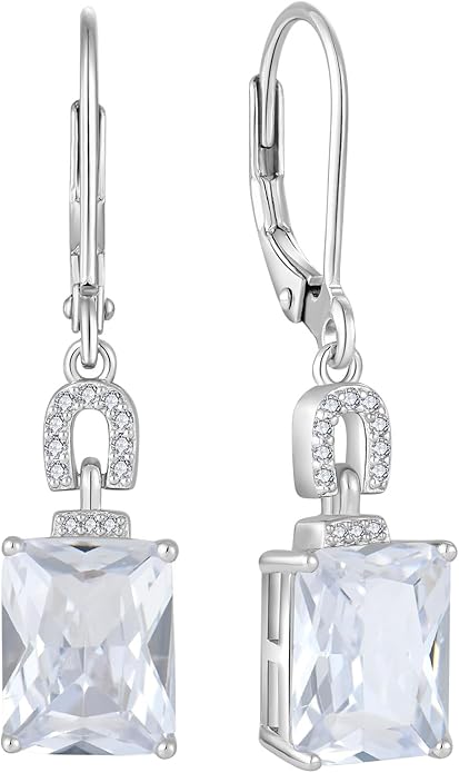 Emerald Cut Earrings 925 Sterling Silver Baguette Birthstone Dangle Drop Leverback Earrings Jewelry Gifts for Women