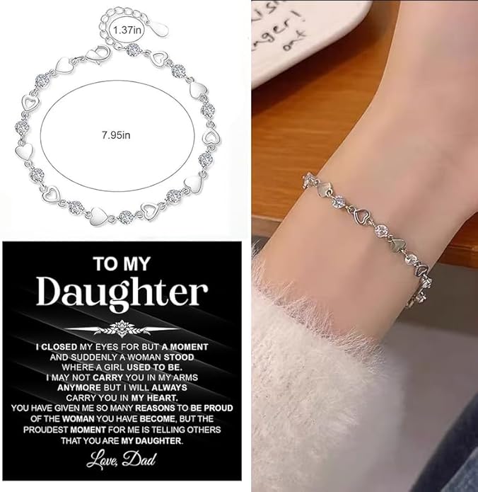 To My Daughter Bracelet, Silver Heart Chain Bracelet with Shiny Stones, Perfect Birthday or Graduation Christmas Gift for Daughter with Message Card Gift Box