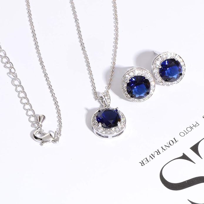 Bridal Crystal Jewelry Set - Sterling Silver Round Cubic Zirconia CZ Rhinestone Halo Birthstone Pendant Necklace Stud Earrings Set for Wedding Bride Bridesmaids Birthday Gift