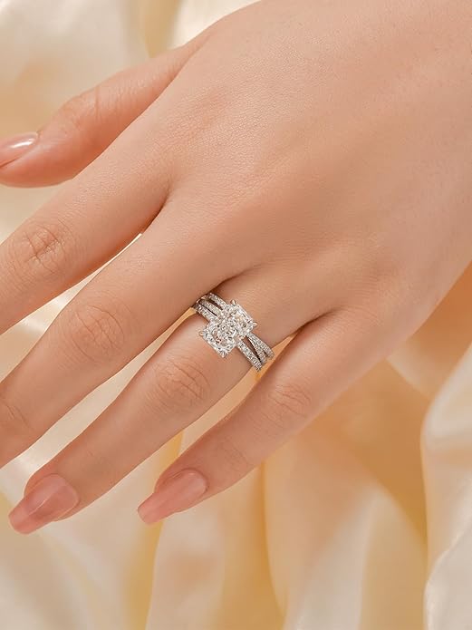 3.5CT Radiant Cut Engagement Ring Set for Women, S925 Silver X-Shaped Band 2-Piece Cubic Zirconia Bridal Wedding Ring Set