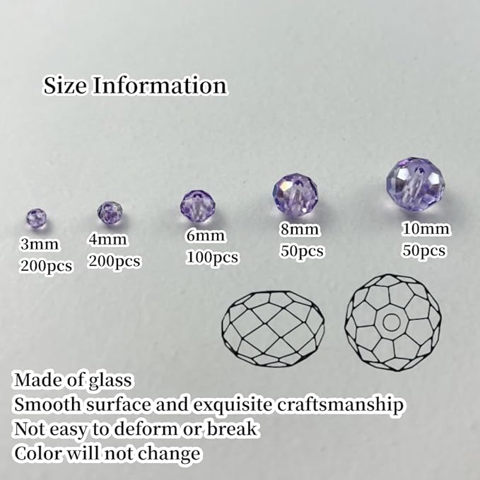 600pcs Crystal Glass Beads 3mm 4mm 6mm 8mm 10mm Rondelle Faceted Crystal Beads Spacer Beads for Necklace Bracelet Earrings DIY Jewelry Crafts Making Supplies(Crystal Purple AB)