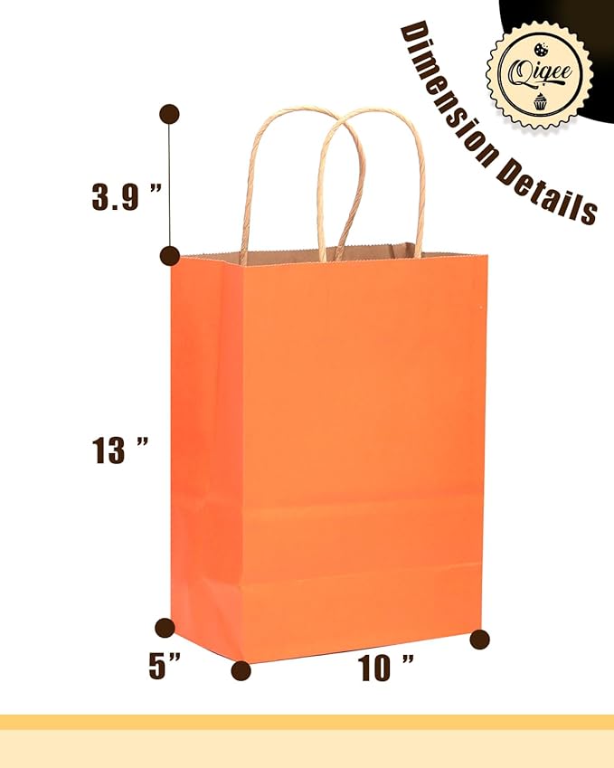 qiqee Large Kraft Paper Bags with Handles 13"x10"x5" 32pcs Gift Paper Bag Orange Solid Color Bags（Large Size）
