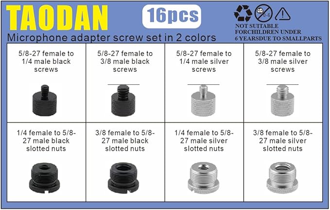 TAODAN 8PCS Black and Silver Aluminum Alloy Microphone Adapter Screws Set Tripod Adaptor Suitable for Shockproof Camera Mounts