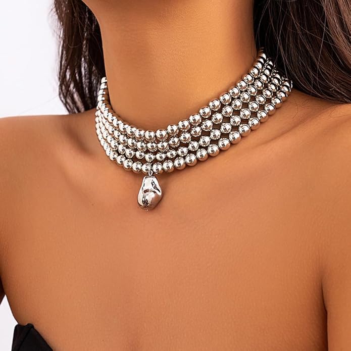 4 Tier Boho Women Multilayer 1920s Necklace Chunky Dainty Beads Layered Choker Necklaces Handmade Beads Fashion Chunky Pendant Multilayer Adjustable Layering Chain Necklaces for Women