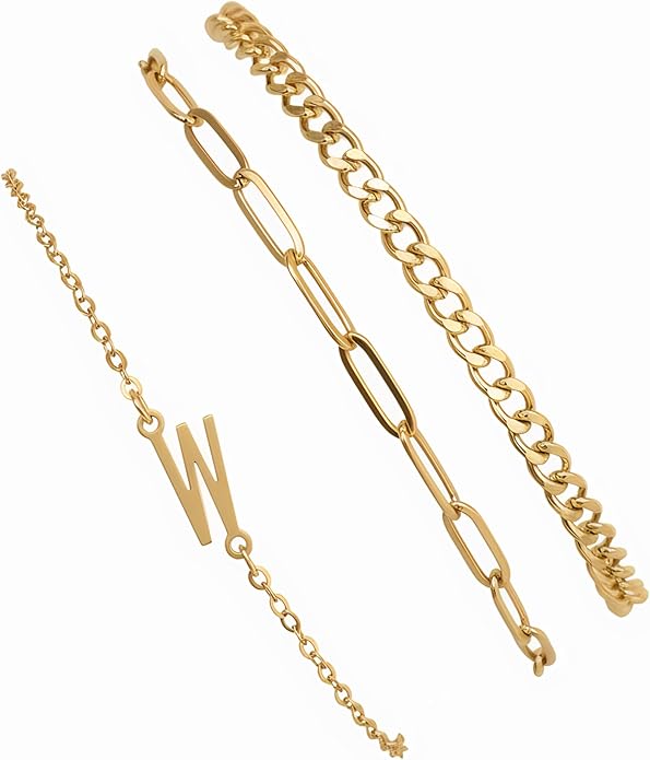 14K Gold Plated Bracelets for Women, A–Z Initial Charm Bangles Jewelry Set, Elegant Gold Accessories, Friendship Bracelet Gifts for Mom