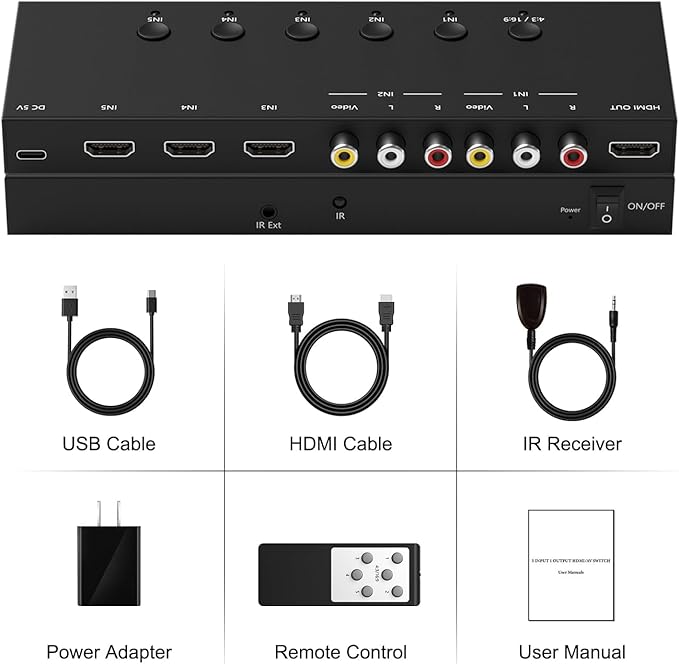 Y.D.F 3 Way HDMI 2.0 Switcher + 2 RCA to HDMI Converter(2 in 1) 2 Way AV Composite CVBS Switch to HDMI Adapter Support 4:3/16:9 Switching for N64 NGC Wii Xbox PS2/3/4/5 Xbox Series/ONE Switch