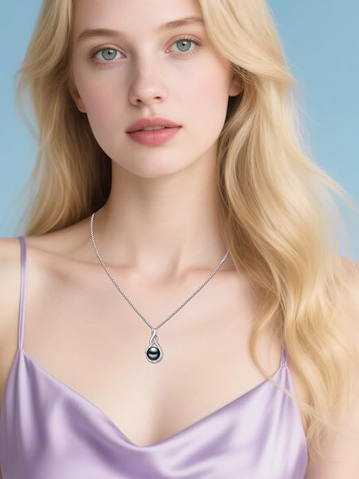 Tahitian Black Pearl 18K White Gold Plated Sterling Silver Heart/Infinity/Four Leaf Clover Pendant Necklace Jewelry Gifts for Women Wife Mom Girlfriend Wedding Birthday Anniversary Christmas