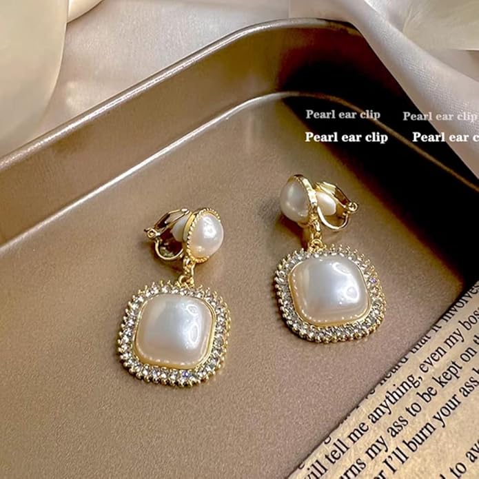 Pearl Clip on Earrings for Women Drop Clip Earrings for Women Gold Plated White Imitation Pearl Earrings Fashion
