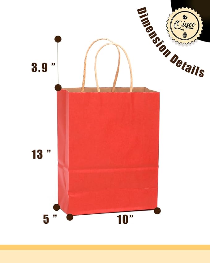 qiqee Large Kraft Paper Bags with Handles 13"x10"x5" 32 pcs Gift Paper Bag Red Solid Color Bags（Large Size）