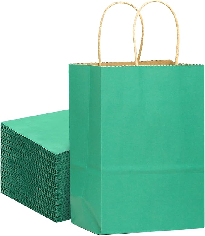qiqee Large Kraft Paper Bags with Handles 13"x10"x5" 32 pcs Gift Paper Bag Mint Green Solid Color Bags（Large Size）