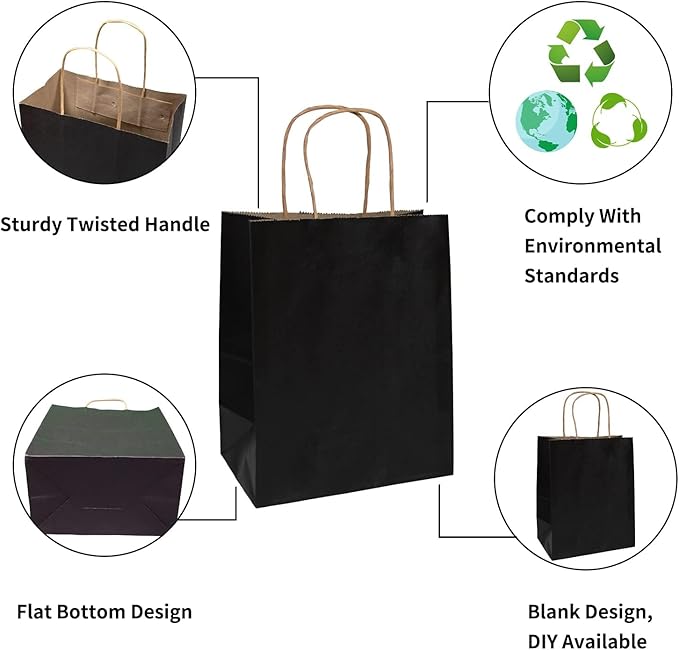 FACEBAG 100 Pack Medium 8x4.25x10.5 inch Black Gift Paper Bags with Handles Bulk, Kraft Bags, Craft Grocery Shopping Retail Party Favors Wedding Bags