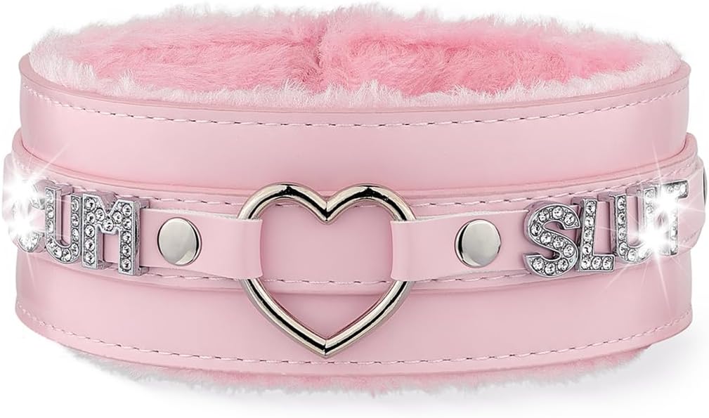 Pink Furry Heart O-ring Leather Choker Collar For Women, Handmade Punk Gothic Letter Necklace Adjustable Fashion Jewelry