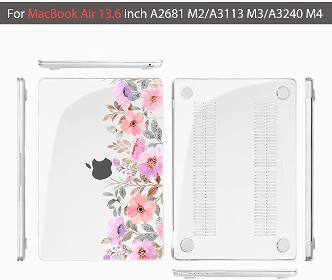 Teryeefi for MacBook Air M4 M3 M2 13 inch Case fits Model A3240 A3113 A2681, Hard Shell for MacBook Air 13.6" 2022-2025 Released Case with Keyboard Cover+Screen Protector, Pink Flower Garden-A