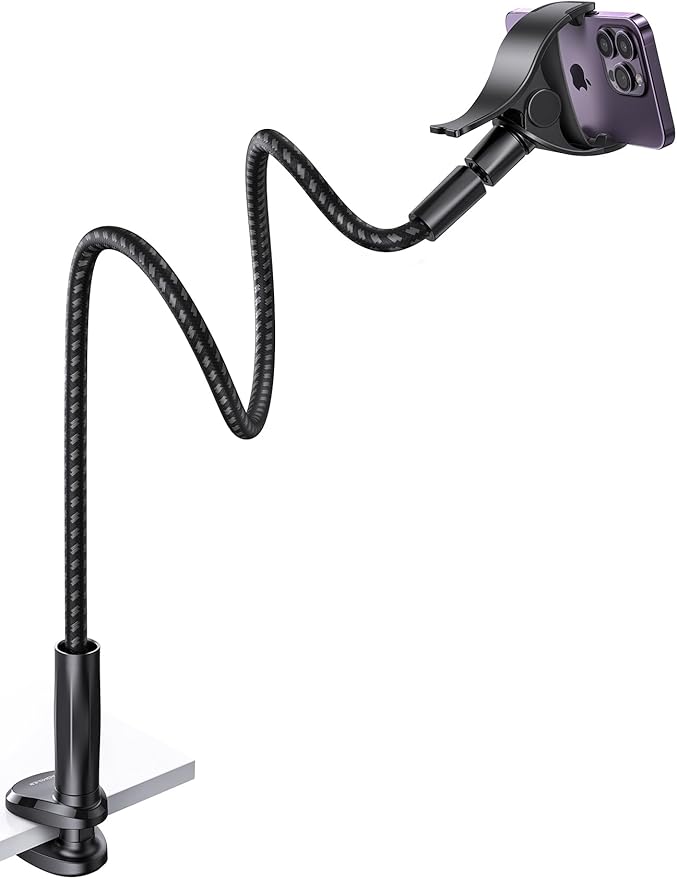 Gooseneck Phone Holder for Bed - [2025 Upgrade Nylon Braid] 38” Long Flexible Lazy Arm Clip, 360 Adjustable Overhead Phone Mount for iPhone 15 14 13 12 11 Pro Max Mini Plus, all 4-7" Cellphone