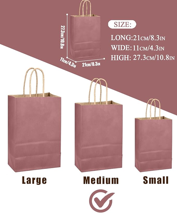 qiqee Dusty Rose Brown Gift Bag with Handles Bulk 24Pcs Paper Bags -10.6"x8.3"x4.3"Party Favor Bags - Solid Color