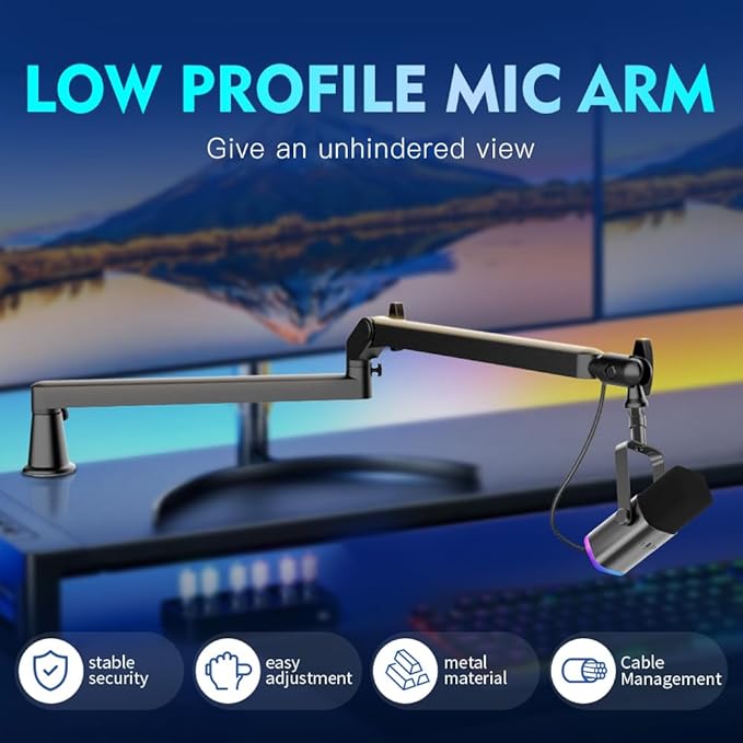 Low Profile Mic Arm 15cm Extra Riser Adjustable Mic Boom Arm Metal Desk Mounted Microphone Stand Cable Management Flexible Microphone Holder for Podcast Streaming Gaming Desktop