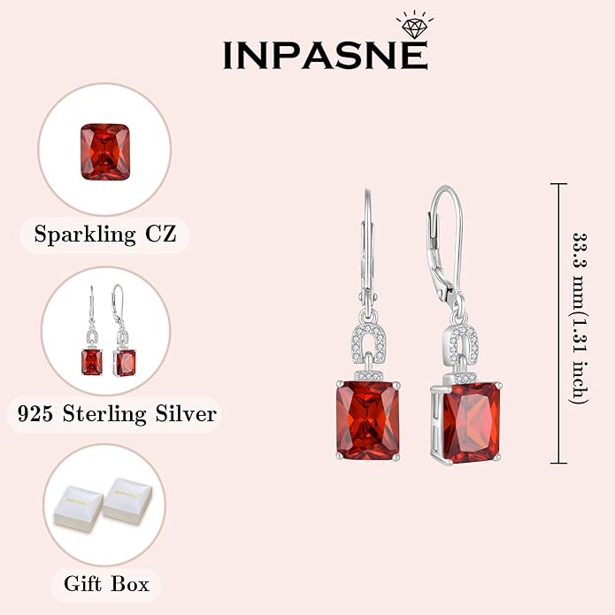Emerald Cut Earrings 925 Sterling Silver Baguette Birthstone Dangle Drop Leverback Earrings Jewelry Gifts for Women