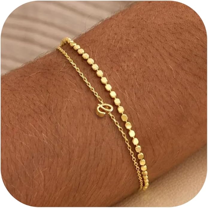Initial Bracelets for Women, Dainty 14K Gold Plated Layered Letter Bracelet, Trendy Charm Stackable Jewelry Valentines Day Gift for Her