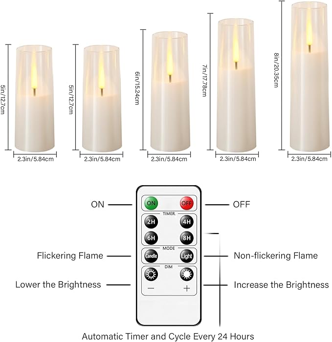 Flameless LED Candles, Upgraded Realistic 5 Pcs Flickering Flame Pillar Candles, Battery Operated Candles with Remote Timer, for Romantic Ambiance and Home Decoration (White)