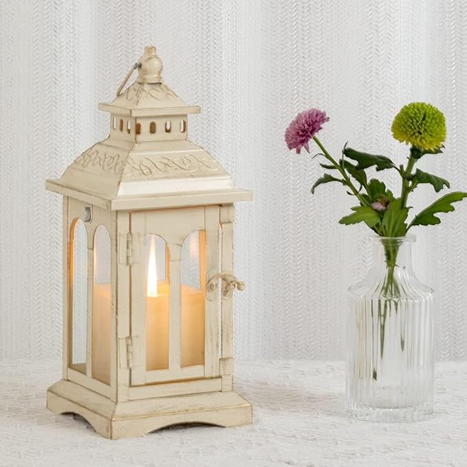 DECORKEY Lanterns Decorative Indoor & Outdoor, Medium Hanging Home Decor, Vintage Metal Decorative Candle Lanterns for Outdoor Patio Wedding Party Beige with Copper Brush