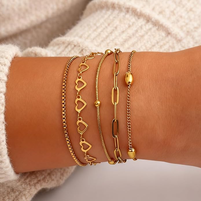18K Gold Plated Bracelet Sets for Women Waterproof - Trendy Thin Dainty Stackable Cuban Link Paperclip Snake Twisted Chain Fashion Jewelry Accessories Gifts for Women