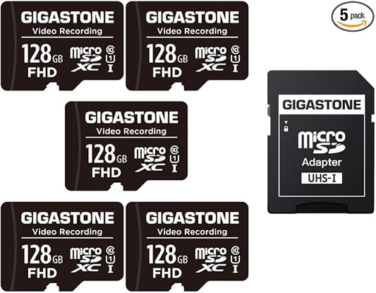 GIGASTONE 128GB Micro SD Card 5-Pack, A1 V30 4K Video Recording, Compatible with Security Camera, Dash Cam, Drone, 100MB/s MicroSDXC Memory Card UHS-I, with Adapter