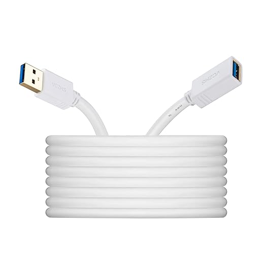 VCZHS Tech USB Extension Cable White 15ft, USB 3.0 Extender for High-Speed Data Transfer & Fast Charging, Durable & Flexible for Mouse, Keyboard, Printer, Flash Drive, Webcam, and More