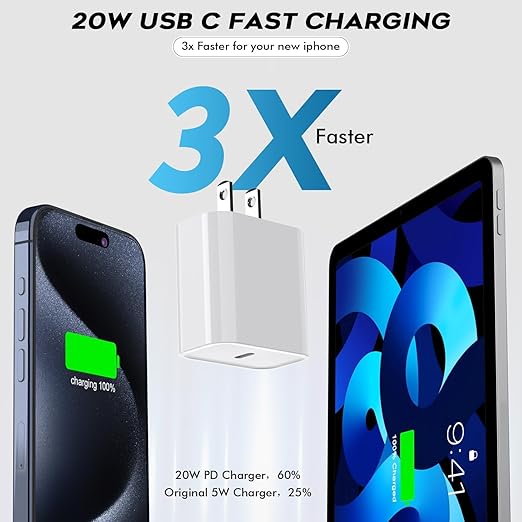 Fast USB C Charger Block,3Pack Long 6FT USB C to USB C Cable iPad Cord 20W iPhone 16 15 Charger Fast Charging for iPhone 16/16 Pro/15/15Pro/Pro Max/Plus,iPad 10th,iPad Air 5/4th,iPad Mini 6th,iPad Pro