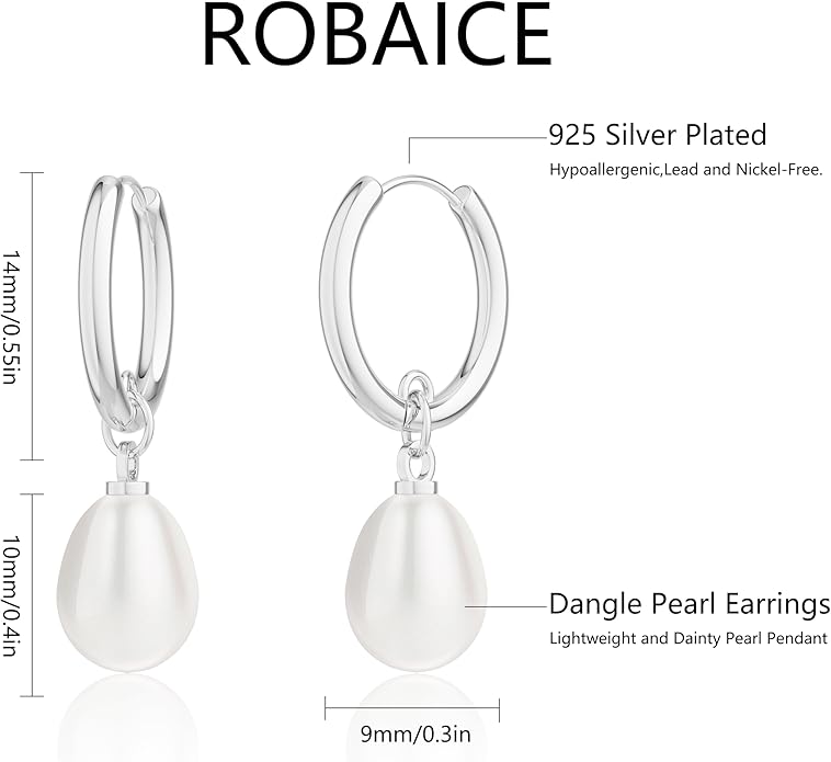 Gold Pearl Dangle Earrings for Women, 14K Gold Plated Small Pearl Drop Huggie Hoop Earrings, Hypoallergenic Dainty Gold Earrings Wedding Jewelry Gifts for Women Trendy
