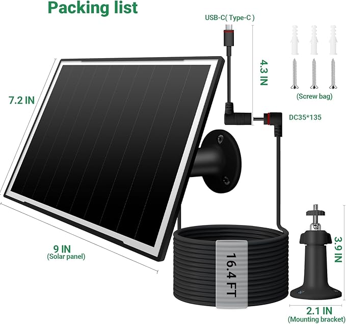2-Pack Solar Panel Charger for Ring Camera, 8W High-Efficiency - Compatible with Ring Spotlight & Stick Up Cam Pro/Plus, 16ft Long Cable, 3.5mm to USB-C Adapter, IP65 Waterproof, Black