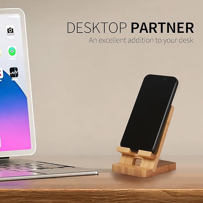 Wood Phone Stand, Desktop Wooden Phone Holder, Portable Office Phone Stand for Desk, Wood ipad Stand， Compatible with iPhone & All Cell Phones (Bamboo)