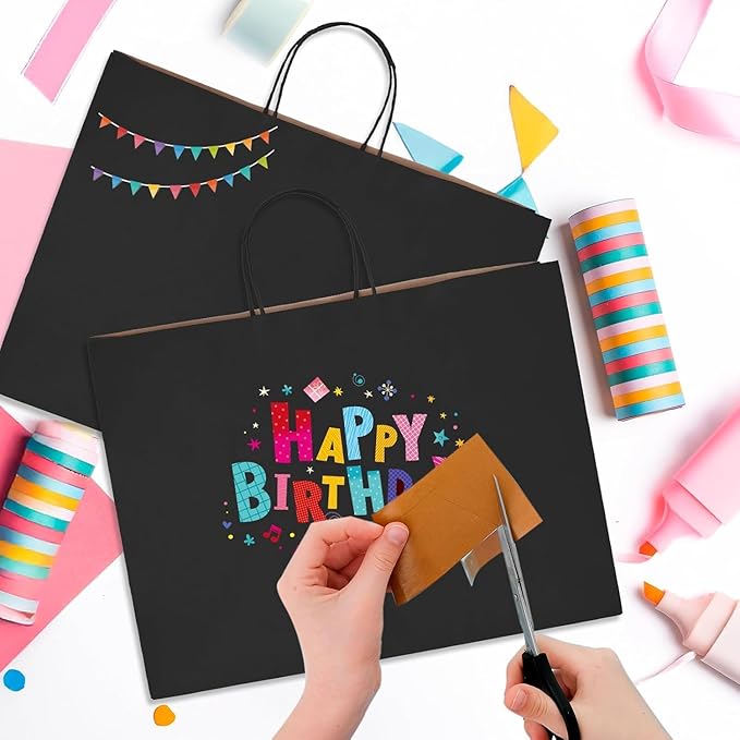MESHA Gift Paper Bags 200 Pack 16X6X12 Black Large Shopping Kraft Bags Bulk with Handles Reusable for Business,Grocery,Birthday,Wedding,Kids Party,Favors