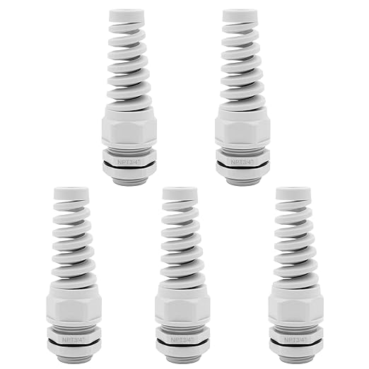 Strain Relief Cord Connector,LISTENJIALE 5Pcs NPT 3/4" Waterproof Cable Gland Flex Spiral Strain Relief Adjustable 12.5-18mm Cable Connector Nylon Joint with Gaskets(Grey)