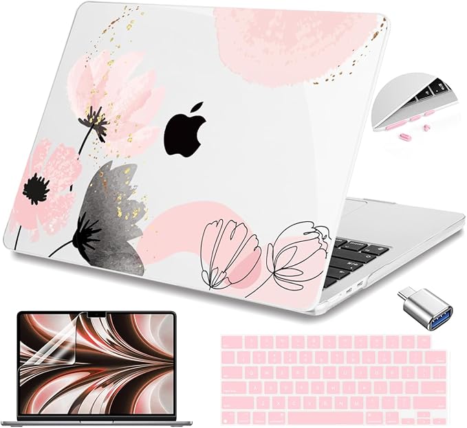 Teryeefi Compatible with MacBook Air 13 inch Case 2025 2024 2023 2022 M4 A3240/M3 M2 A3113/A2681,Hard Shell Case for MacBook Air 13.6 inch + Keyboard Cover + Type C Adapter, Abstract Pink Flowers-098