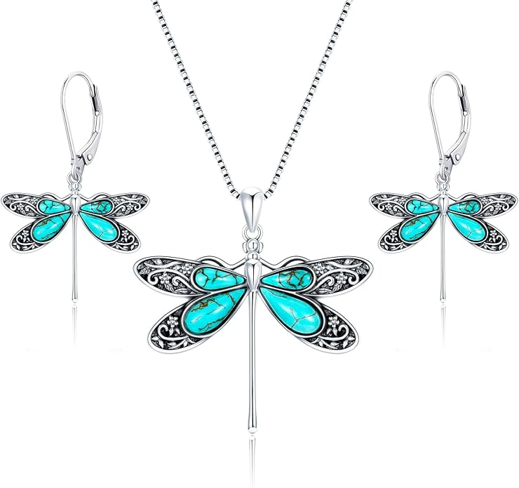 Genuine Dragonfly Turquoise Jewelry Set for Women, Sterling Silver Vintage Native American Western Jewelry Birthdays Gift for Women