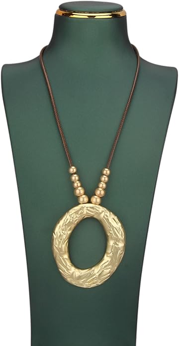 Boho Leather Necklace Women Bohemian Brown Circle Pendant Necklace Choker Long Necklaces for Women Boho Ring Large Pendant