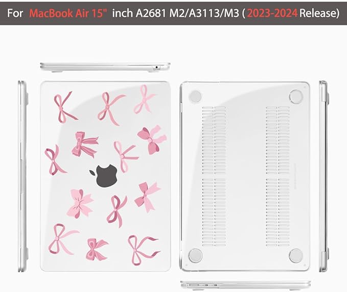 Teryeefi for M4 M3 M2 MacBook Air 15 inch Case 2025 2024 2023 Release fits Model A3241 A3114 A2941, Design Hard Shell Cover & Keyboard Cover & Screen Protector & OTG Adapter - Cute Pink Bows