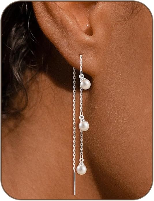 Gold Silver Dangle Earrings for Women Trendy 14K Gold Plated Drop Long Threader Chain Dangling Earring Hypoallergenic Pearl Butterfly Flower Clover CZ Wedding Earrings for Brides Jewelry Gifts