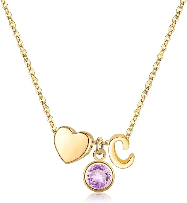 Ursilver Initial Birthstone Necklace for Women - Heart Initial Birthstone Pendant Necklace Personalized Gifts Birthday Gifts for Women