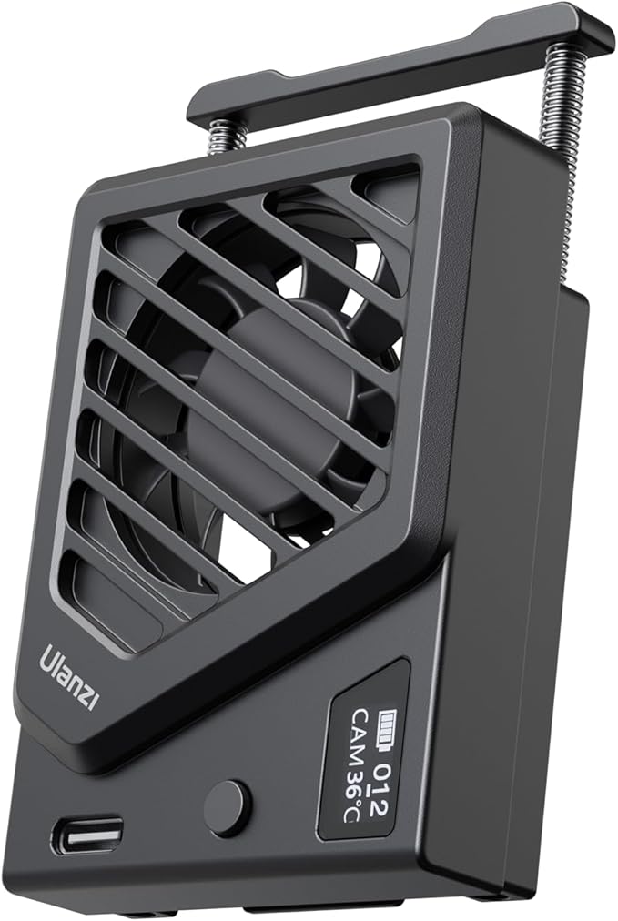 ULANZI Camera Cooling Fan Black New, Spring Telescopic Mounting Adjustable Mini Intelligent Cooling Fan Real-time Monitoring with Type-C Charging Port, Compatible with Sony Canon FUJIFILM Nikon