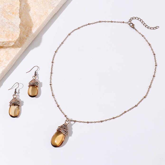 Coiris Brown Jewelry Set for Women Boho Water Drop Necklace and Earrings Set Bohemian Vintage Lantern Pendant Western Dangle Jewelry Gift for Her