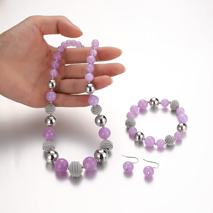 PEARL&CLUB Beaded Chunky Statement Necklace Earring and Bracelet Set Silver Metal Bead Fashion Jewelry Set Mothers’ Day Gifts for Women