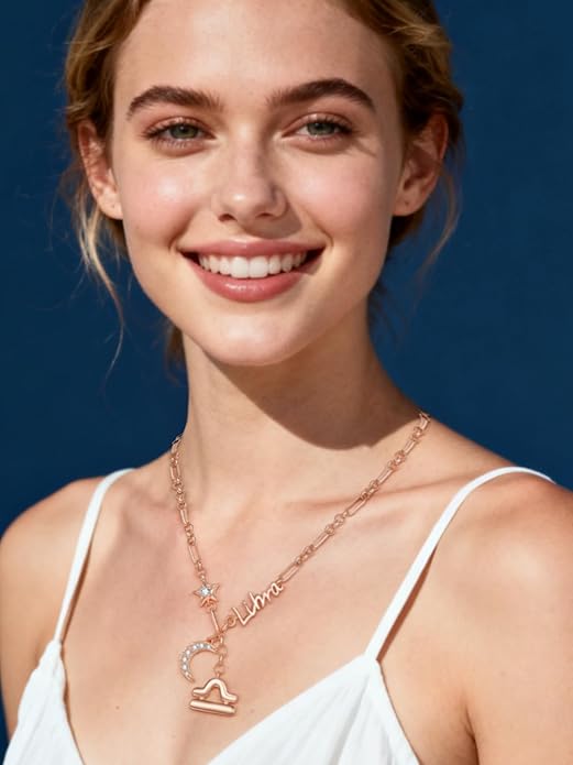 14K Gold/Rose Gold Zodiac Necklace for Women - Horoscope Constellation Pendant with Moon and Star, Luxury Birthday Gifts Jewelry for Her (12 Zodiac Signs)