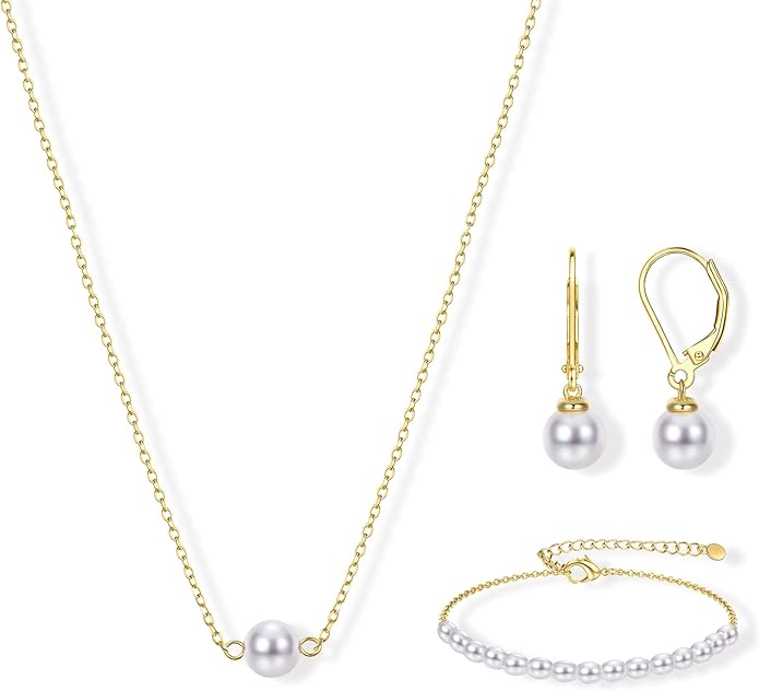 YADOCA Gold Jewelry Set for Women - 16K Gold Plated Pearl Necklace and Earring Set With Drop Earrings,Charm Layered Necklace,Adjustable Bracelets - Dainty Women's Pearl Jewelry Set For Wedding Gifts