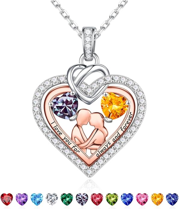 Iefil Valentines Day Gifts for Her - 925 Sterling Silver Double Heart Birthstone Necklace for Women, Anniversary Birthday Gifts for Wife I Love You Gift Couple Sitting Hugging Each Other Jewelry Gift