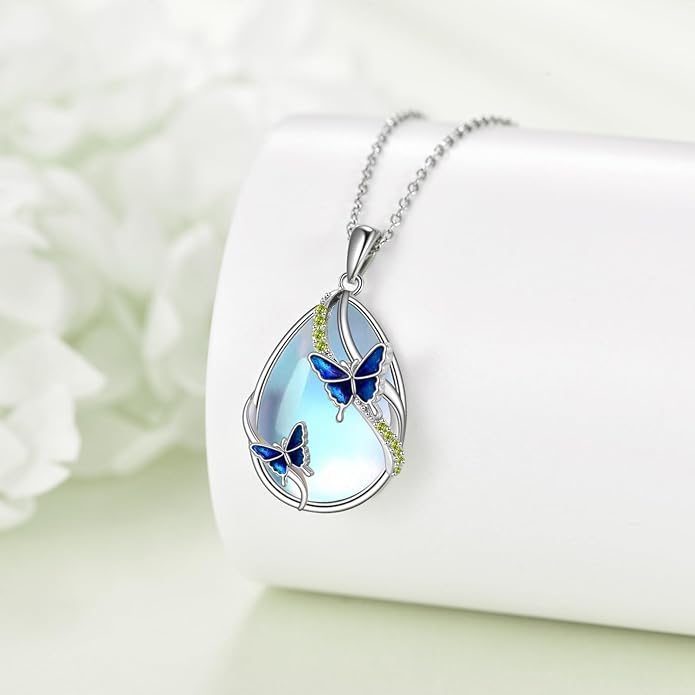 KQF Dragonfly/Butterlfy/Cat/Jellyfish/Bunny/Axolotl/Bee/Mermaid/Hummingbird/Elephant Necklace for Women Sterling Silver Moonstone Pendant Necklace Dragonfly Jewelry Gifts for Women