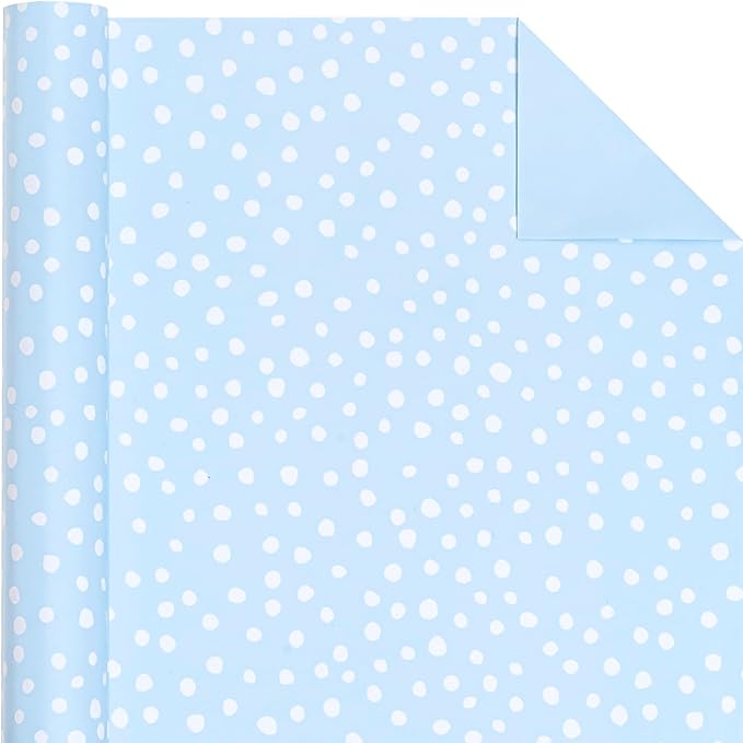 WRAPAHOLIC Reversible Wrapping Paper - Mini Roll - 30 Inch x 33 Feet - Light Blue and Delicate Polka Dot Wrapping Paper for Baby Shower, Birthday, Wedding, Holiday