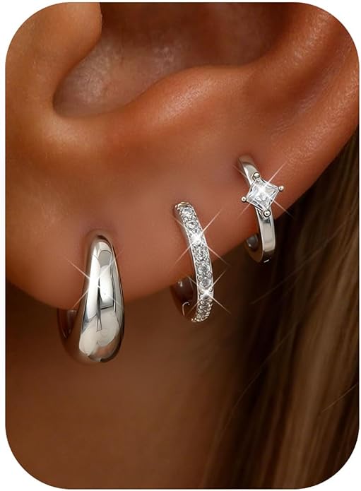 MILACOLATO 3 Pairs Small 14K Gold Plated Hoop Earrings for Women Trendy Hypoallergenic Silver Earring Stacks Huggie Hoops Earring Sets for Multiple Piercing Chunky Double Hoop Jewelry Lightweight